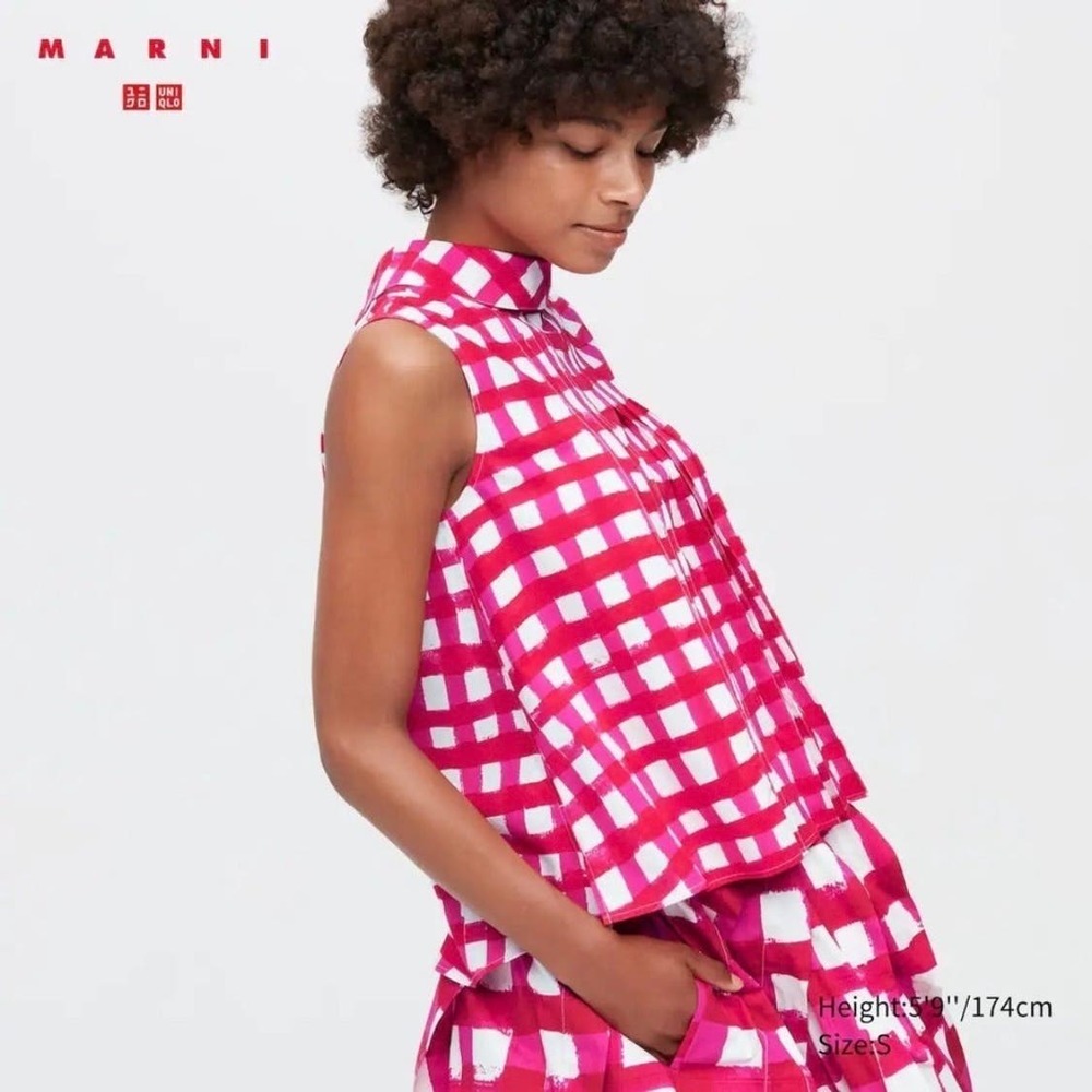 Marni x Uniqlo Sleeveless Blouse Women Extra Small Pink Gingham Plaid Pleated